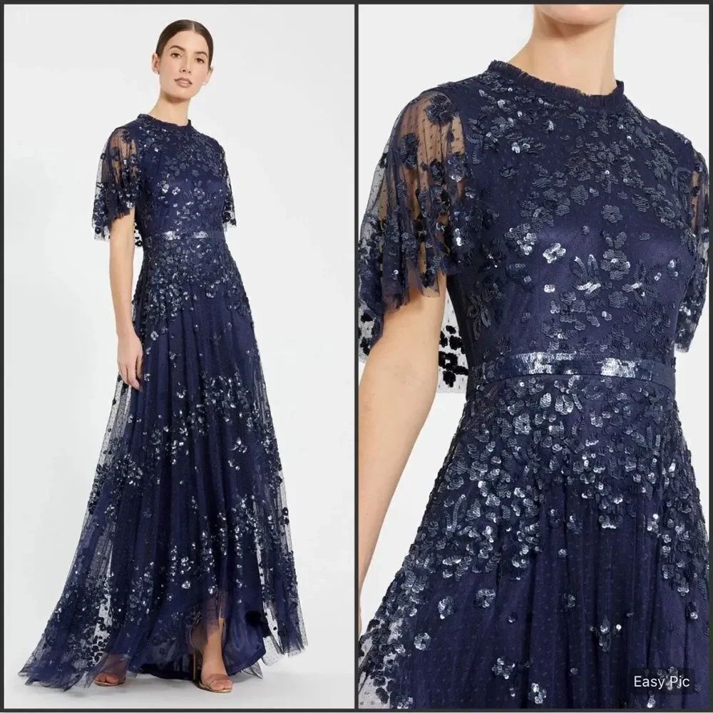 MAC DUGGAL 9192 Sequined High Neck Flutter Sleeve A Line Gown Blue 12